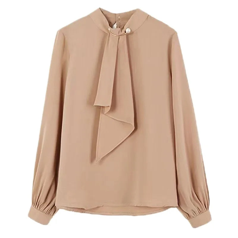 Summer Style Ring Buckle Design Lantern Sleeve Hooded Chiffon Long Sleeve Base Shirt Women's Top