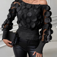 Fashion Women's Shirt Floral Pattern Shirred Sheer Mesh Patch Long Sleeve Off The Shoulder Gigot Sleeve Top