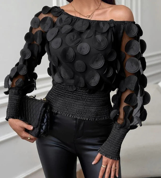 Fashion Women's Shirt Floral Pattern Shirred Sheer Mesh Patch Long Sleeve Off The Shoulder Gigot Sleeve Top