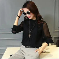 Korean Style Women's Chiffon Shirt Stand Collar Base Layer Top Spring Autumn New Fashion Sexy Mesh Lace Trim Long Sleeve Blouse Natalia Home Fashion    Natalia Home Fashion