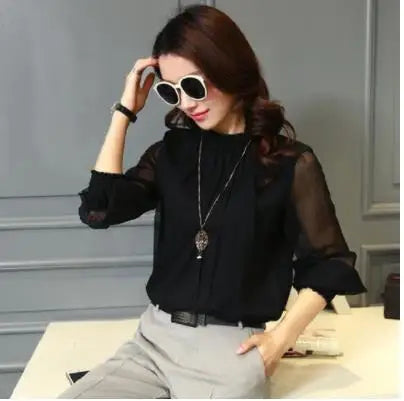 Korean Style Women's Chiffon Shirt Stand Collar Base Layer Top Spring Autumn New Fashion Sexy Mesh Lace Trim Long Sleeve Blouse Natalia Home Fashion    Natalia Home Fashion