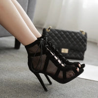 Women's High Heels Pumps Fashion Basic Sandals Boots Lace-Up Cross-Tied Hollow out Mesh Party Shoes
