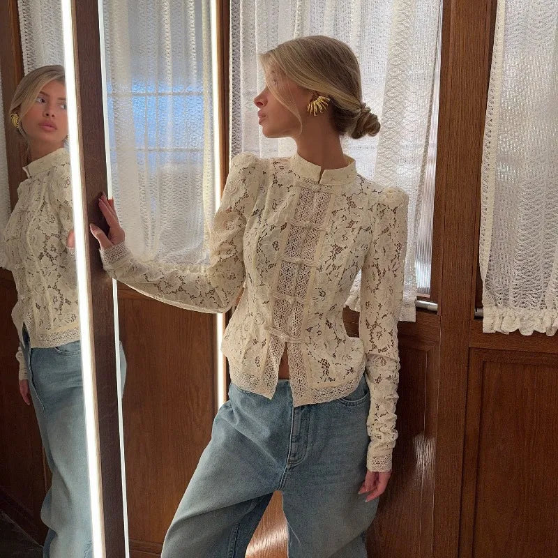 Women's 2026 Vintage White Blouse, Elegant Embroidery Puff Sleeve Hollow Out Lace Stand Collar Casual Summer Top Natalia Home Fashion    Natalia Home Fashion