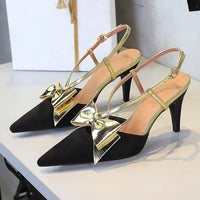 French Style Velvet Pointed Toe High Heels Hollow out Embroidery Butterfly Knot Party Shoes Women's Low Heel Single Shoes