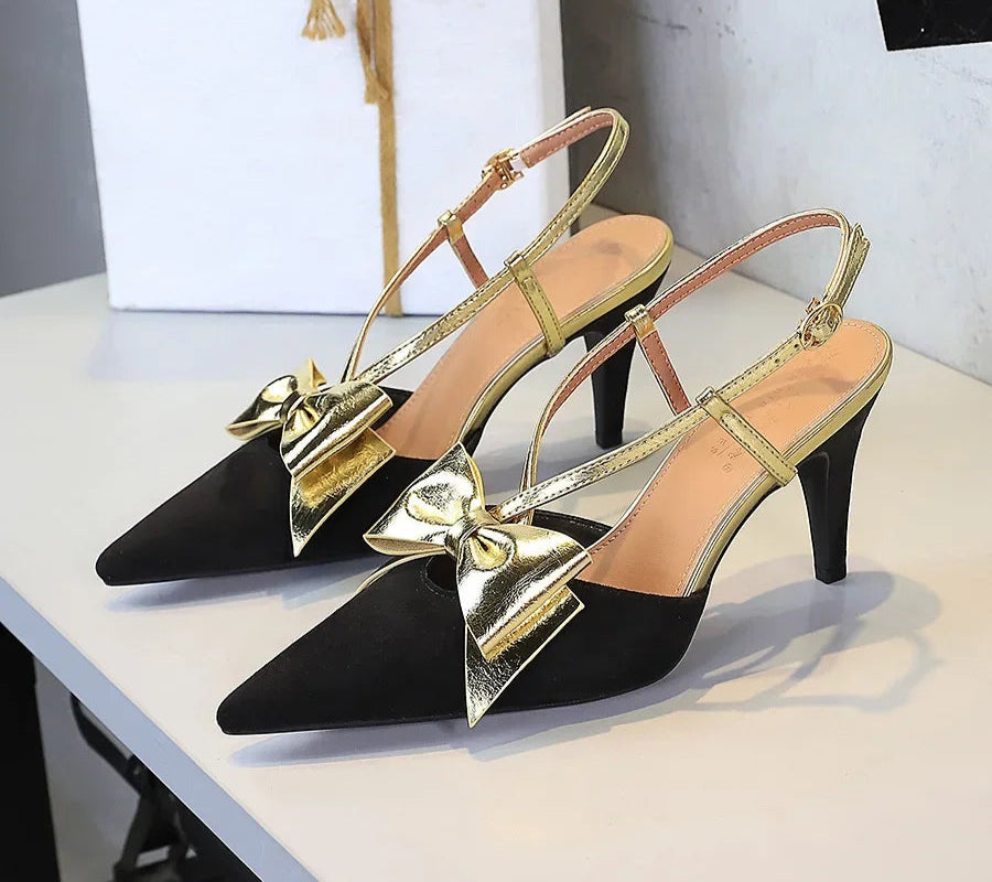 French Style Velvet Pointed Toe High Heels Hollow out Embroidery Butterfly Knot Party Shoes Women's Low Heel Single Shoes