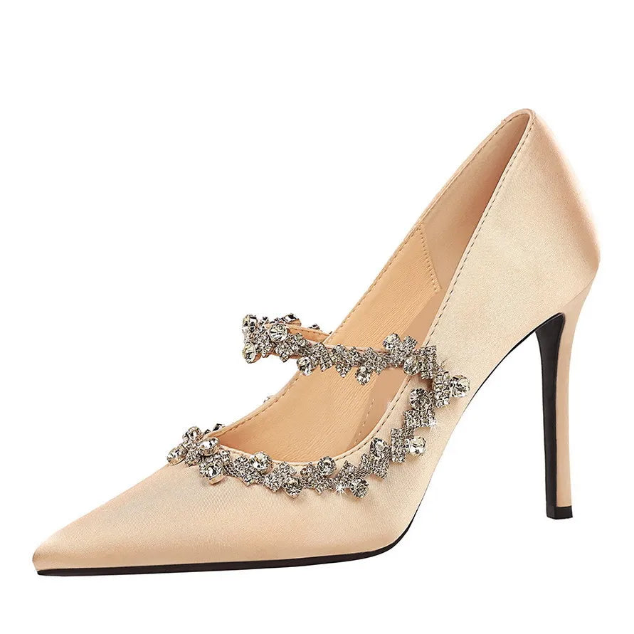 Elegant French Style High Heels Women's Satin Pointed Toe Shoes with Water Diamond Decoration Thin Heel Single Shoes