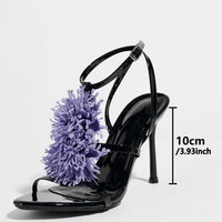 Ladies High Heel Sandals with 3D Fluffy Flower Decorations round Toe Thin Heel Spring Summer Night Club Fashionable Party Shoes