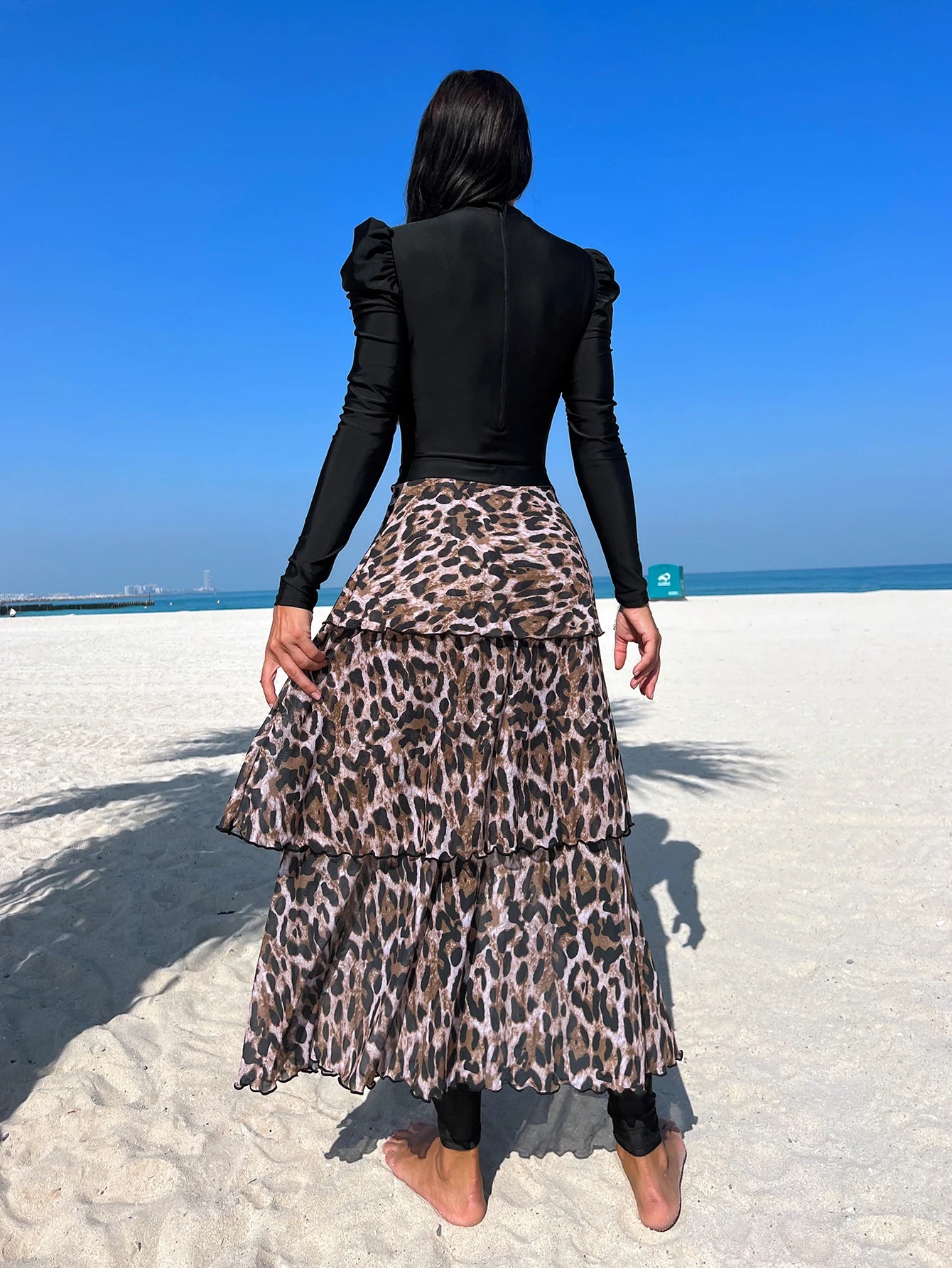 3pcs Muslim Burkini Modest swimsuit Black Long Sleeved Ladies Swimwear with Long Leopard Printed Dress beach swimsuit