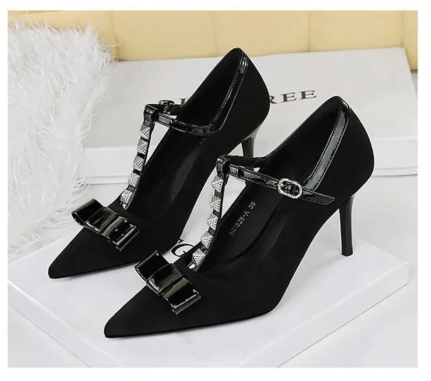 Banquet Bow Rivet T-button Pointed Head High Heel Women's Single Shoes