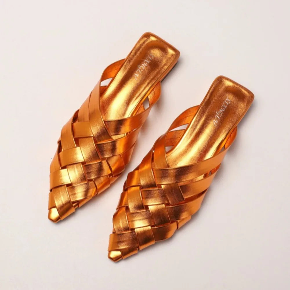 Hollow Woven Pointed Cool Slippers Women's Summer Thick Heel Outer Wear Bag Head Half Slippers Women Sandals