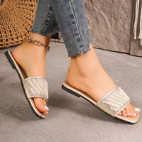 Small Fragrant style flat bottomed plus size slippers for women square headed rhinestone pearl fashionable casual slippers