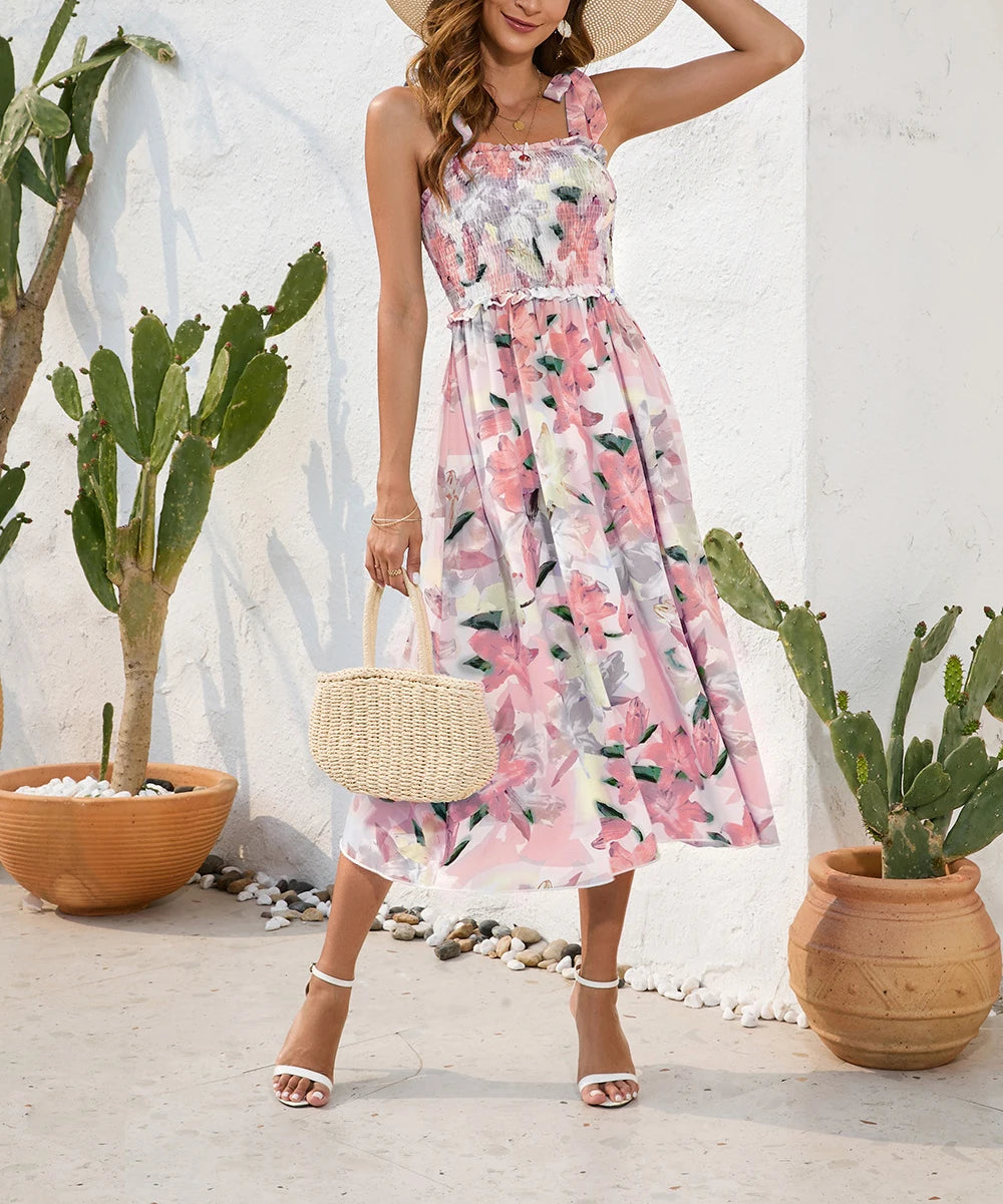 Women's Summer Beach Dress Female Strap Long Sundress Sexy Flower Print Backless Maxi Dresses Lady Casual Sleeveless Vestidos