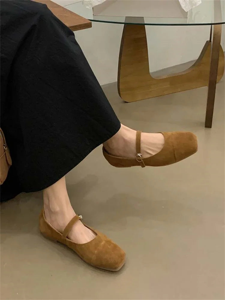 Streetwear Velvet Mary Jane Shoes for Women Casual Ballet Flats Pumps Female Ladies Loafers Buckle Single Mules