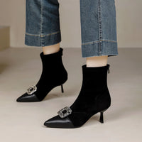Fashionable Slim Fit Diamond Decorated Pointed Toe High Heel Bootie Mid-Calf Zipper Closure Leather Boot for Women
