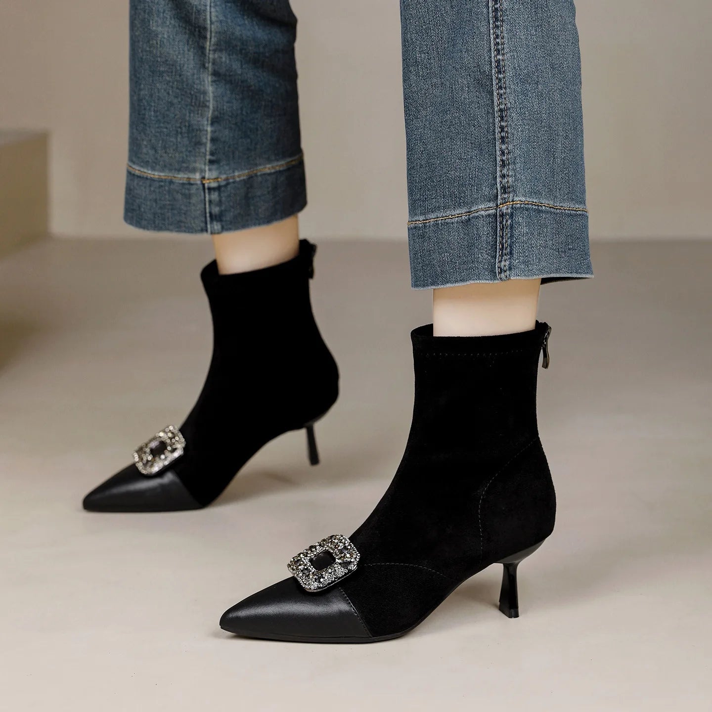 Fashionable Slim Fit Diamond Decorated Pointed Toe High Heel Bootie Mid-Calf Zipper Closure Leather Boot for Women
