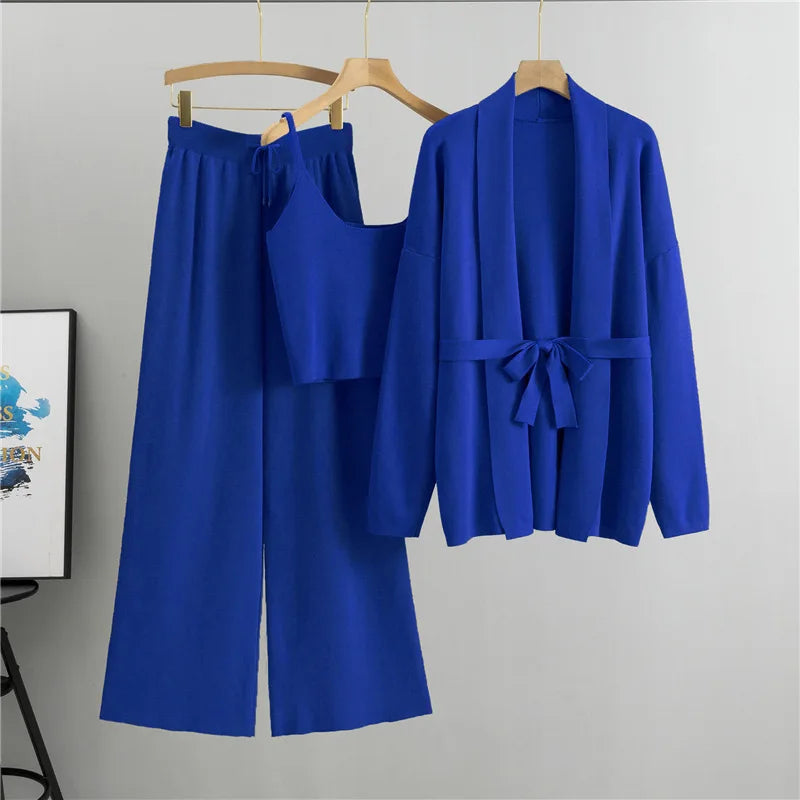 Loose Casual Fashion Set Women's Spring and Autumn Knitted Cardigan Jacket Camisole Wide Leg Pants Three Piece Set Natalia Home Fashion    Natalia Home Fashion