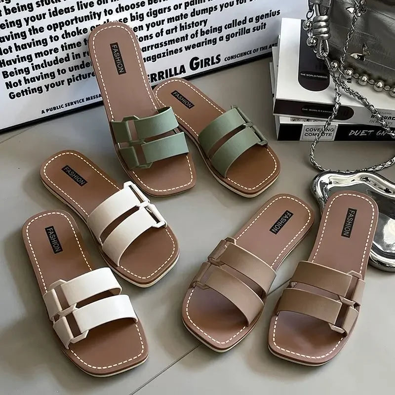 Flat Bottom Sandals Women's Outdoor Beachwear Slip-On Slippers Casual PVC Material Comfortable Flats - Natalia Home Fashion