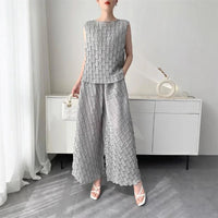 Handmade Pleated Set Women Summer New Sleeveless Vest Top Flared Pants Comfortable Casual Loose Large Size with Stretchy Natalia Home Fashion    Natalia Home Fashion