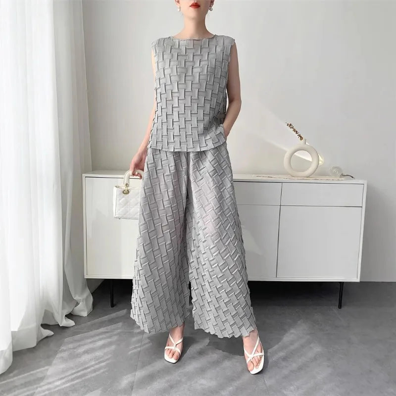 Handmade Pleated Set Women Summer New Sleeveless Vest Top Flared Pants Comfortable Casual Loose Large Size with Stretchy Natalia Home Fashion    Natalia Home Fashion