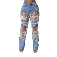 Heavy Duty Denim Jeans Women's High Waist High Elasticity Hole Punching Beading Long Pants Trendy Spicy Girl Style