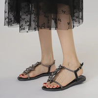Single-strap rhinestone bow flat sandals, new summer fashion, simple and stylish, suitable for outdoor wear, Roman beach shoes