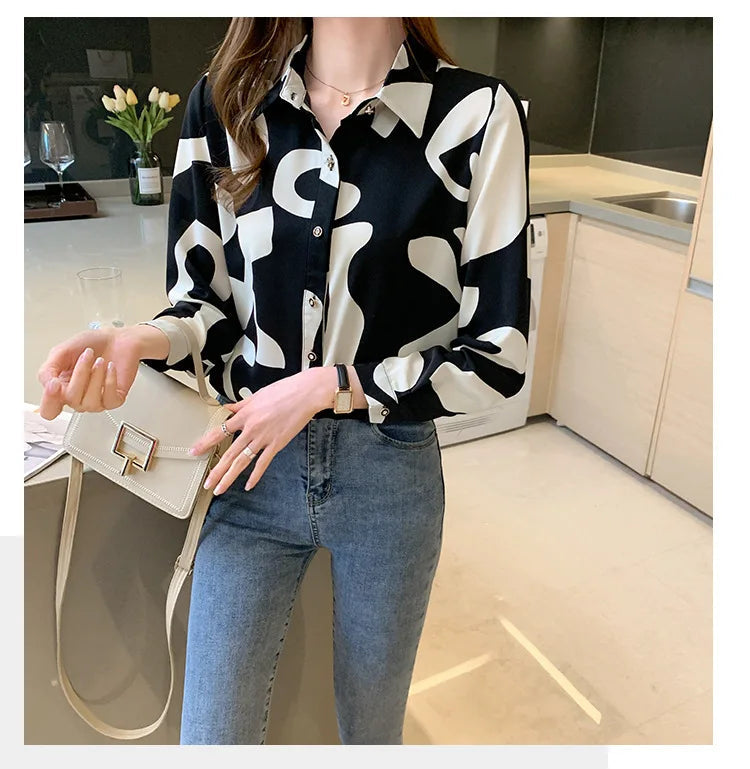 Elegant Long Sleeve Floral Print Chiffon Shirt Women's Versatile High-End Fashion Top Spring City Style Commute Shirt