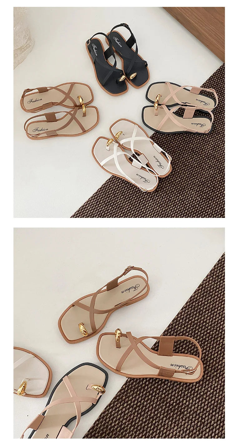 Women's Roman Style Toe-Over Sandals Flat Bottom Outdoor Wear Crossbody PVC Material Anti-Slip Low Heel Footwear