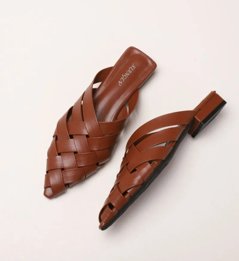 Hollow Woven Pointed Cool Slippers Women's Summer Thick Heel Outer Wear Bag Head Half Slippers Women Sandals