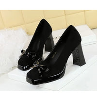 Chunky Block Heels Women Pumps Bow Decoration High Heels Square Headed Platform High Heels Suede Ladies Shoes