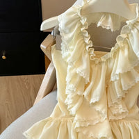 Summer Style Beach Holiday Sweet And Spicy Lace Trim Neck Hanging Chiffon Top Women Light  Round Collar T Shirt