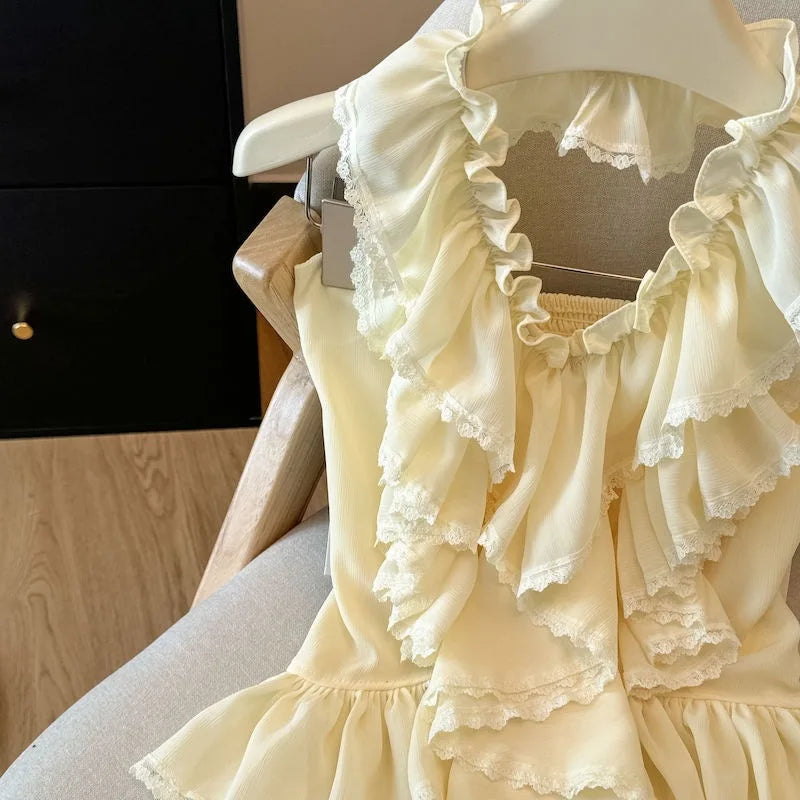Summer Style Beach Holiday Sweet And Spicy Lace Trim Neck Hanging Chiffon Top Women Light  Round Collar T Shirt