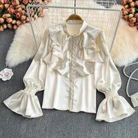 Luxury Ruffle Flared Sleeves Blouse Shirts Women  Retro Blouse Stand Collar French Design Chic Loose Top