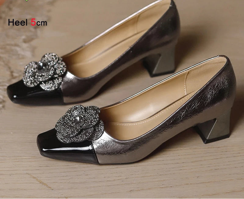 Rhinestone Camellia Flower Women's Shoes Square Toe Thick Heels 5cm Ladies Pumps Party Shoes