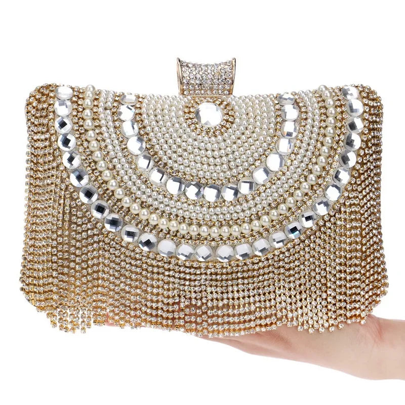Rhinestones Tassel Clutch Diamonds Beaded Metal Evening Bags Chain Shoulder Messenger Purse Evening Bags For Wedding Bag