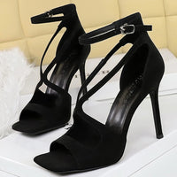 Sexy high heels Women Suede Women Pumps Square head Peep Toe High heeled sandals Buckle hollow out Lady Heels