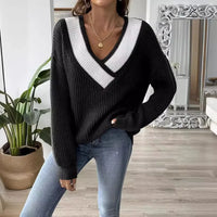 Loose Knitted Sweater V-Neck Color Block Design Women's Overhead Shirt Full Sleeve Polyester Fiber Cross-Border Fashion