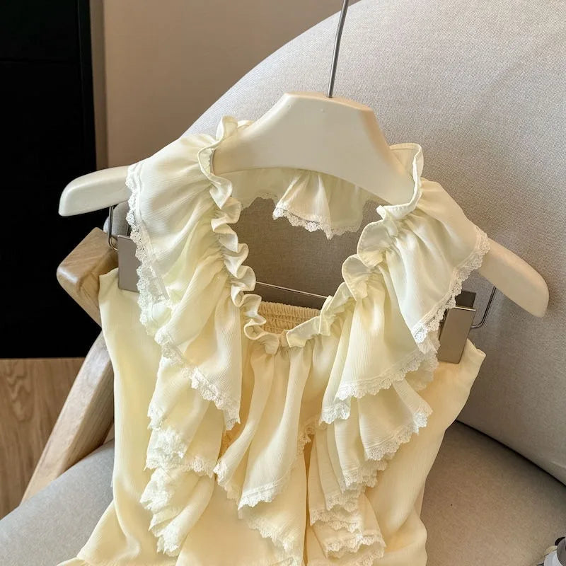 Summer Style Beach Holiday Sweet And Spicy Lace Trim Neck Hanging Chiffon Top Women Light  Round Collar T Shirt