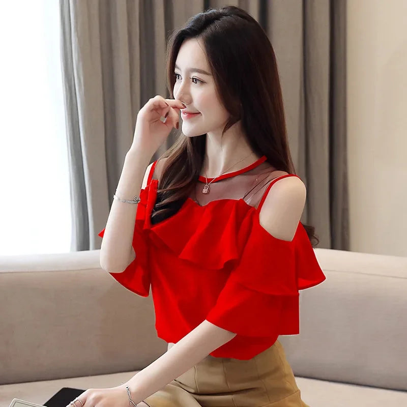 Loose Women's Chiffon Shirt round Neck Pure Color Mesh Five Sleeve Transparent Top Fashionable Small Shirt