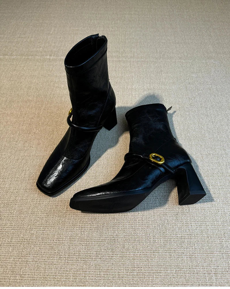 Thick Heel Elastic Slim Women Ankle Boots Fashion Square Toe Autumn Winter Ladies Elegant Mordern Short Booties
