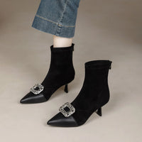 Fashionable Slim Fit Diamond Decorated Pointed Toe High Heel Bootie Mid-Calf Zipper Closure Leather Boot for Women