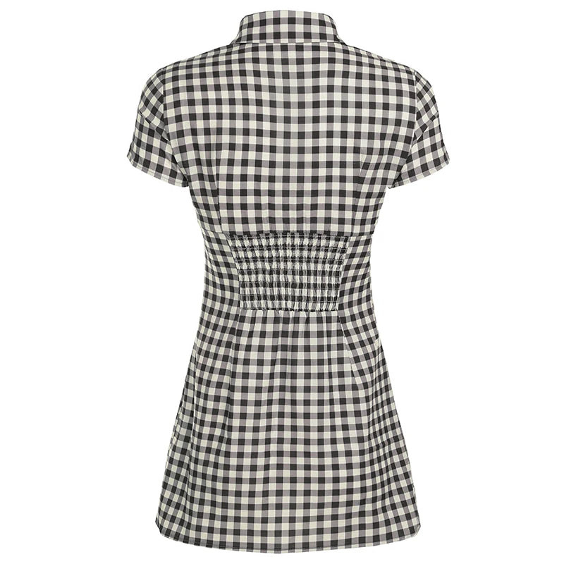 Women's Casual Plaid Contrast Color Turn-Down Collar Dress Commuter Style Short Sleeves Single Breasted Women's Casual Dresses Natalia Home Fashion    Natalia Home Fashion