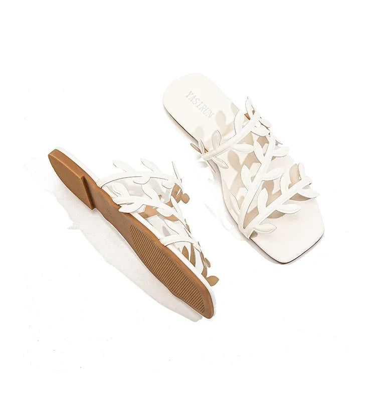 Leaf Pattern Women's Sandals Outdoor Wear New Style Beach Flat Bottom Slip-On Holiday Comfortable Breathable Flats