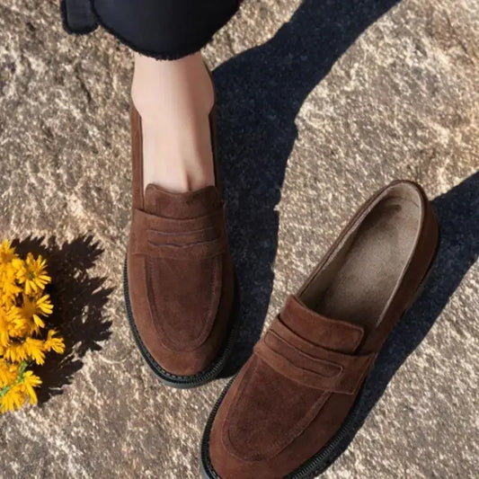 British Style Fleece Lined Chunky Heel Loafers Women's Shoes Retro French Vintage Leather Casual Shoes Rubber Sole Adult Footwear