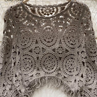 Casual Loose Knitting Top O Neck Hook Flower Hollow Long Sleeved Tassel Design Fashion French Vintage Blouse