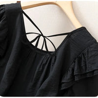 Loose Summer Top Black Square Collar Short Sleeve Women's Fashion plus Size Clothing Breathable Comfortable Cotton Fabric