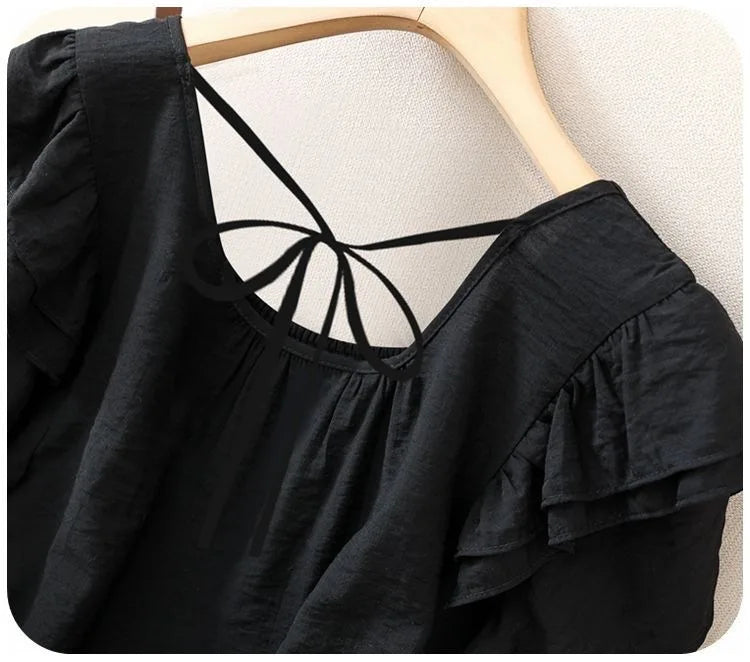 Loose Summer Top Black Square Collar Short Sleeve Women's Fashion plus Size Clothing Breathable Comfortable Cotton Fabric