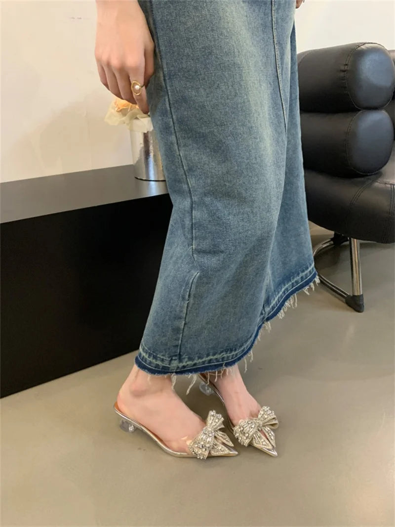 Fashion Design Crystal Bowknot Women Pumps Sexy Pointed Toe Clear High Heels Wedding Prom Shoes PVC Transparent Sandals