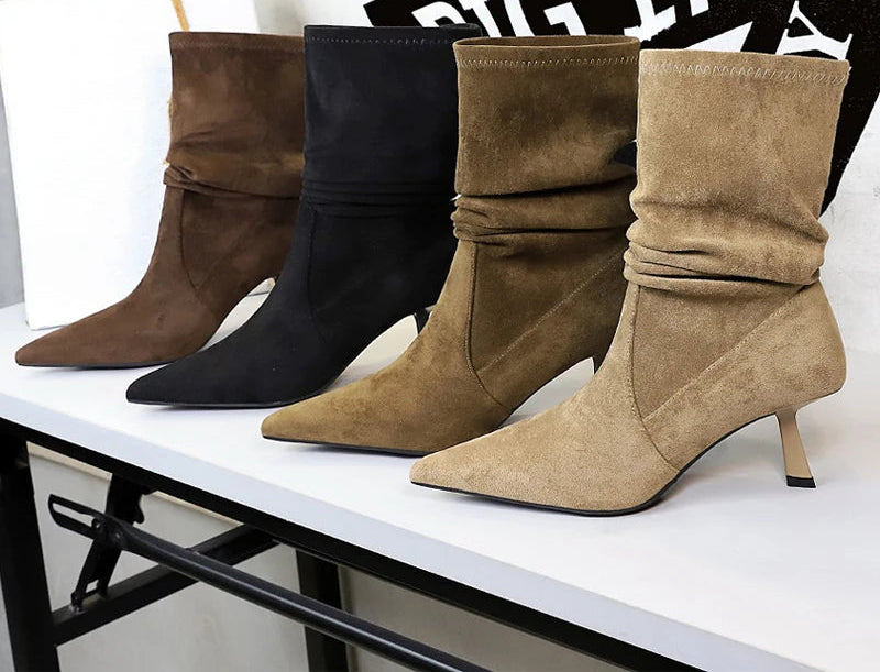 Women Pleated Elastic boots Woman Stiletto 6.5 CM High heel boots Suede Ankle boots Fashion Pointed short boots