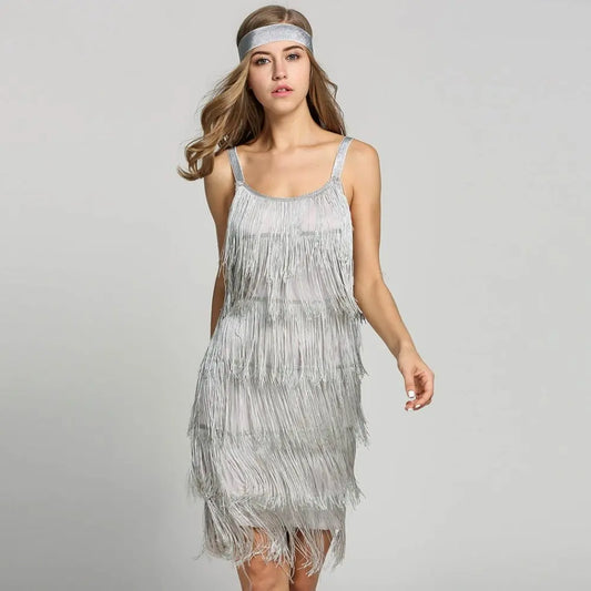 Great Gatsby Dress Slash Neck Strappy Tiered Fringe Dress Vintage Flapper Party Fancy Dress Costumes With Headband