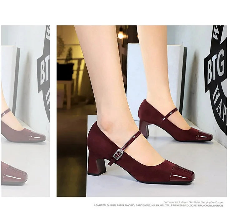 Leopard Print Women Pumps Suede Middle Heel Shoes Sexy Mary Jane Shoes Rhinestone Buckle Ladies Shoe Square Head